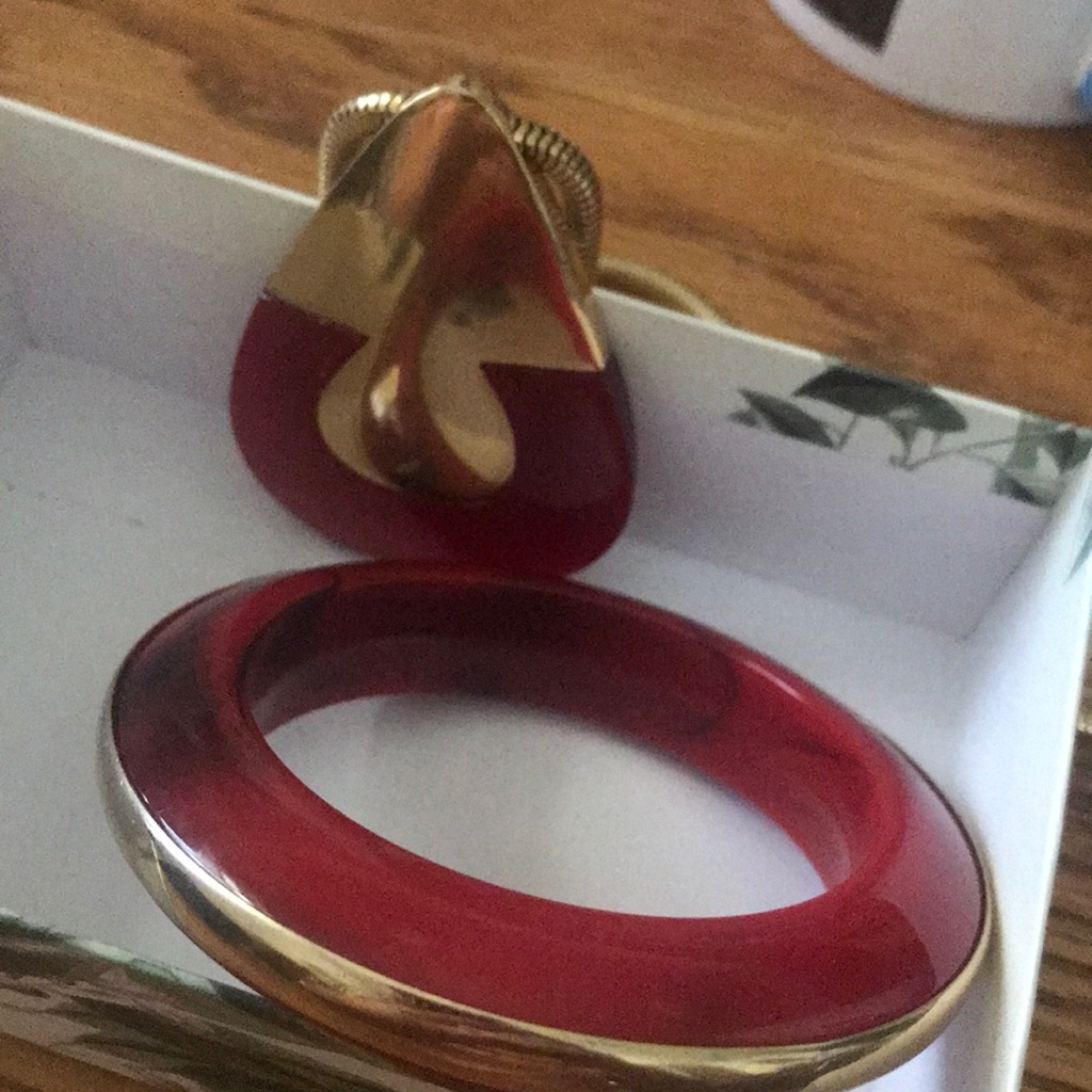 Vintage Lanvin, Paris Gold Gas Pipe Red Lucite Prndant Necklace